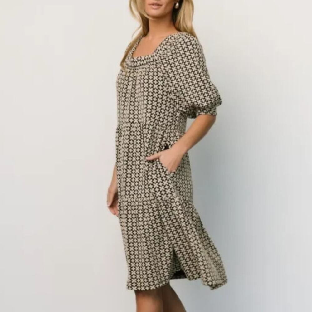 Polagram Tiered Puff Sleeve Midi Dress Black Cream Print Size M Boho Workwear